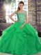 Sexy Green Ball Gown Prom Dress Tulle Brush Train Sleeveless Beading and Ruffles