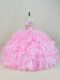 Floor Length Baby Pink Quinceanera Gowns Organza Sleeveless Beading and Ruffles