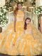 Gold Ball Gowns Halter Top Sleeveless Organza Floor Length Backless Beading and Ruffles Ball Gown Prom Dress