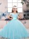 Lace and Belt Custom Made Pageant Dress Aqua Blue Lace Up Sleeveless Floor Length