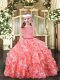 Modern Watermelon Red Ball Gowns Organza Scoop Sleeveless Lace and Ruffled Layers Floor Length Zipper Kids Pageant Dress