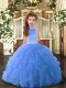 Super Beading Kids Formal Wear Blue Backless Sleeveless Floor Length