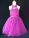 Halter Top Sleeveless Little Girl Pageant Dress Mini Length Beading and Lace Fuchsia Organza