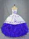 Blue And White Ball Gowns Halter Top Sleeveless Organza Brush Train Lace Up Beading and Embroidery and Ruffles Sweet 16 Dresses