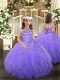 Eye-catching Lavender Ball Gowns Tulle Halter Top Sleeveless Beading and Ruffles Floor Length Lace Up Pageant Gowns For Girls