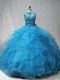 Vintage Aqua Blue Ball Gowns Tulle Scoop Sleeveless Beading and Ruffles Lace Up 15 Quinceanera Dress Brush Train