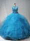 Vintage Aqua Blue Ball Gowns Tulle Scoop Sleeveless Beading and Ruffles Lace Up 15 Quinceanera Dress Brush Train