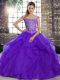 Brush Train Ball Gowns Quince Ball Gowns Purple Off The Shoulder Tulle Sleeveless Lace Up