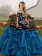 Blue And Black Organza Lace Up Ball Gown Prom Dress Sleeveless Floor Length Embroidery and Ruffles