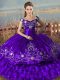 Inexpensive Off The Shoulder Sleeveless Quinceanera Dress Floor Length Embroidery and Ruffled Layers Purple Satin and Organza