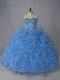 Blue Sweetheart Lace Up Beading and Ruffles 15th Birthday Dress Brush Train Sleeveless
