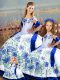 Stylish Blue And White Ball Gowns Satin Off The Shoulder Sleeveless Embroidery and Ruffles Floor Length Lace Up Vestidos de Quinceanera