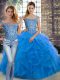 Romantic Blue Two Pieces Tulle Off The Shoulder Sleeveless Beading and Ruffles Lace Up Sweet 16 Dresses Brush Train