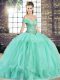 Tulle Off The Shoulder Sleeveless Lace Up Beading and Ruffles Quinceanera Dresses in Apple Green