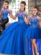 Blue Halter Top Lace Up Beading and Pick Ups 15 Quinceanera Dress Brush Train Sleeveless