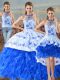 Fashionable Floor Length Lace Up Sweet 16 Dresses Blue And White for Sweet 16 and Quinceanera with Embroidery and Ruffles Court Train