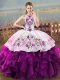 Chic White And Purple Ball Gowns Halter Top Sleeveless Organza Floor Length Lace Up Embroidery and Ruffles Ball Gown Prom Dress