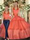 Glittering Orange Ball Gowns Organza Halter Top Sleeveless Ruffled Layers Floor Length Lace Up Quinceanera Dress