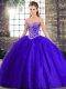 Glamorous Blue Tulle Lace Up Sweetheart Sleeveless 15 Quinceanera Dress Brush Train Beading