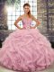 Pink Sleeveless Floor Length Beading and Ruffles Lace Up 15th Birthday Dress