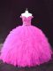 Modern Fuchsia Ball Gowns Tulle Off The Shoulder Sleeveless Beading and Ruffles Floor Length Lace Up Sweet 16 Quinceanera Dress