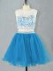 Pretty Blue Prom and Party and Military Ball with Lace Scoop Sleeveless Zipper