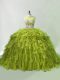Simple Olive Green Organza Zipper Sweet 16 Quinceanera Dress Sleeveless Brush Train Beading and Ruffles