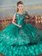 Graceful Sleeveless Floor Length Embroidery and Ruffled Layers Lace Up Sweet 16 Dress with Turquoise