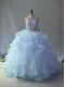 Fashionable Blue Backless Vestidos de Quinceanera Sleeveless Beading and Ruffles