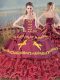 Eye-catching Burgundy Ball Gowns Embroidery and Ruffled Layers Quinceanera Gown Lace Up Satin and Organza Sleeveless