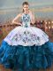 Adorable Floor Length Blue And White Sweet 16 Quinceanera Dress Organza Sleeveless Embroidery