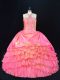 Rose Pink Ball Gowns Halter Top Sleeveless Organza Floor Length Lace Up Beading and Ruffled Layers Sweet 16 Dresses