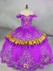 Glittering Purple Sleeveless Floor Length Embroidery Lace Up 15 Quinceanera Dress