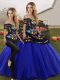 Top Selling Royal Blue Two Pieces Off The Shoulder Sleeveless Tulle Floor Length Lace Up Embroidery Sweet 16 Quinceanera Dress