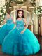 Floor Length Baby Blue Kids Pageant Dress Tulle Sleeveless Beading and Ruffles