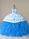 Fashionable Blue Ball Gowns Organza Halter Top Sleeveless Embroidery and Ruffles Lace Up 15 Quinceanera Dress Court Train