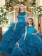Elegant Teal Tulle Lace Up Scoop Sleeveless Floor Length Vestidos de Quinceanera Ruffles