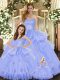 Custom Fit Lavender Quince Ball Gowns Military Ball and Sweet 16 and Quinceanera with Appliques and Ruffles Sweetheart Sleeveless Lace Up