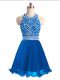 Halter Top Sleeveless Prom Gown Mini Length Beading Blue Chiffon