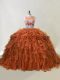Cute Brown Quinceanera Gown Organza Brush Train Sleeveless Beading and Ruffles