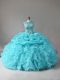 Aqua Blue Quinceanera Gowns Sweet 16 and Quinceanera with Appliques and Ruffles and Pick Ups Scoop Sleeveless Zipper