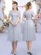 Grey Empire Tulle Scoop Sleeveless Lace and Belt Tea Length Zipper Dama Dress for Quinceanera