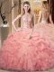 Sleeveless Organza Floor Length Lace Up Sweet 16 Dress in Peach with Beading and Ruffles and Pick Ups