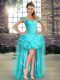 Most Popular High Low Aqua Blue Evening Dress Organza Sleeveless Beading and Ruffles