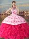 Hot Pink Quinceanera Dress Halter Top Sleeveless Court Train Lace Up