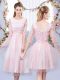 Baby Pink Tulle Lace Up Scoop Half Sleeves Tea Length Vestidos de Damas Lace and Belt