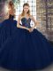 Simple Navy Blue Ball Gowns Beading 15 Quinceanera Dress Lace Up Tulle Sleeveless Floor Length