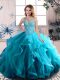 Free and Easy Tulle Scoop Sleeveless Lace Up Beading and Ruffles Sweet 16 Quinceanera Dress in Aqua Blue