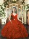 Latest V-neck Sleeveless Backless Pageant Dress for Teens Rust Red Fabric With Rolling Flowers