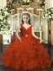 Latest V-neck Sleeveless Backless Pageant Dress for Teens Rust Red Fabric With Rolling Flowers